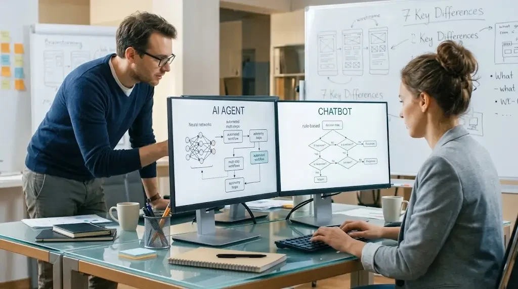 AI agent vs. chatbot explained in simple words: what each does, how they differ, and which one your business needs.